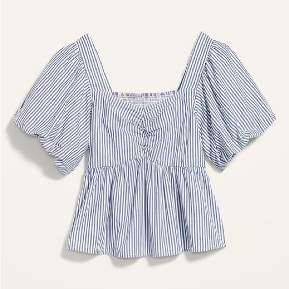 Plus Sized Puff-Sleeve Striped Ruched Smocked Babydoll Swing Blouse - Picture 4 of 8